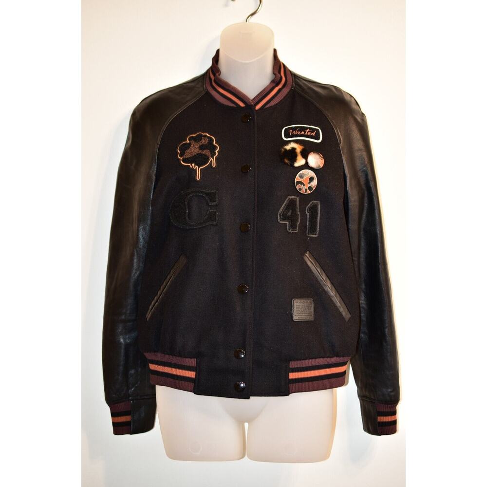 COACH 6 WANTED Varsity Jacket Black Leather Leopard Animal Bomber Patch Rare